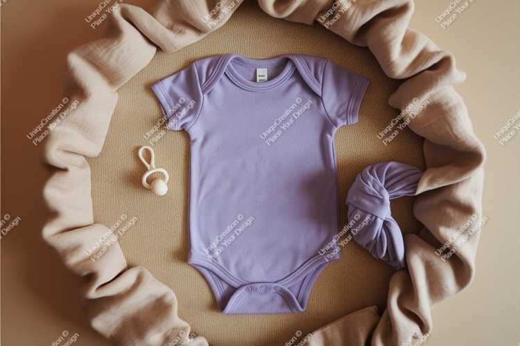 Lilac baby bodysuit with accessories mockup