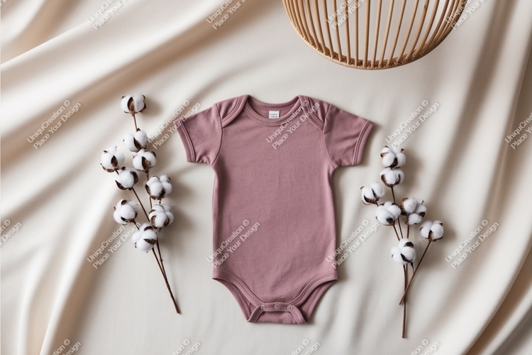 Rose baby bodysuit with cotton flowers mockup