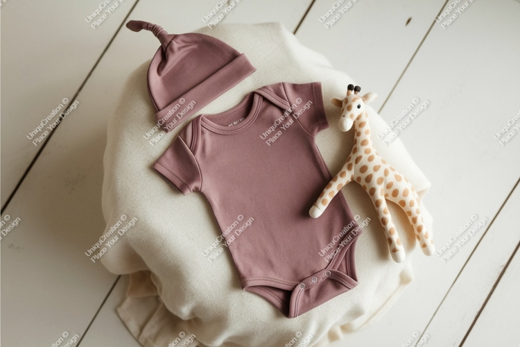 Mauve baby bodysuit with hat and giraffe mockup
