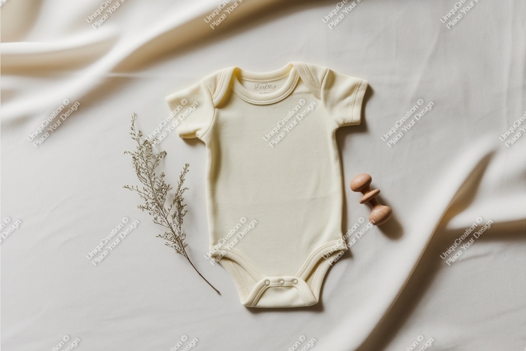 A beige baby bodysuit on fabric mockup
