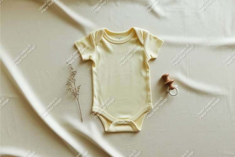 A yellow baby bodysuit with rattle mockup