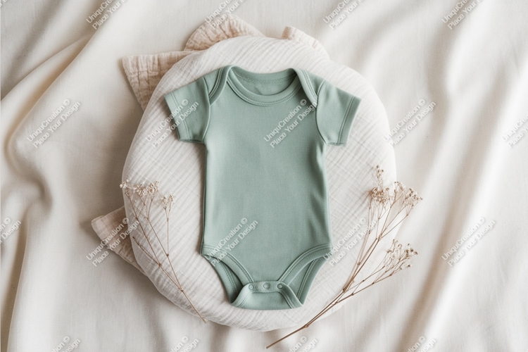 Sage baby bodysuit on soft blanket mockup