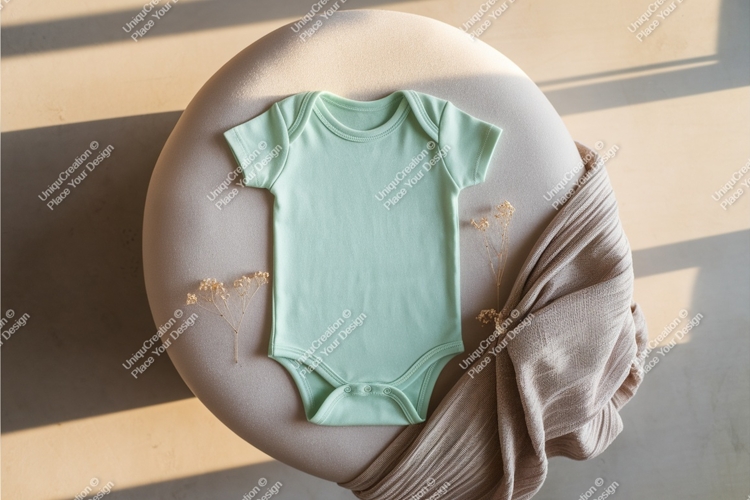 Mint baby bodysuit on small chair mockup