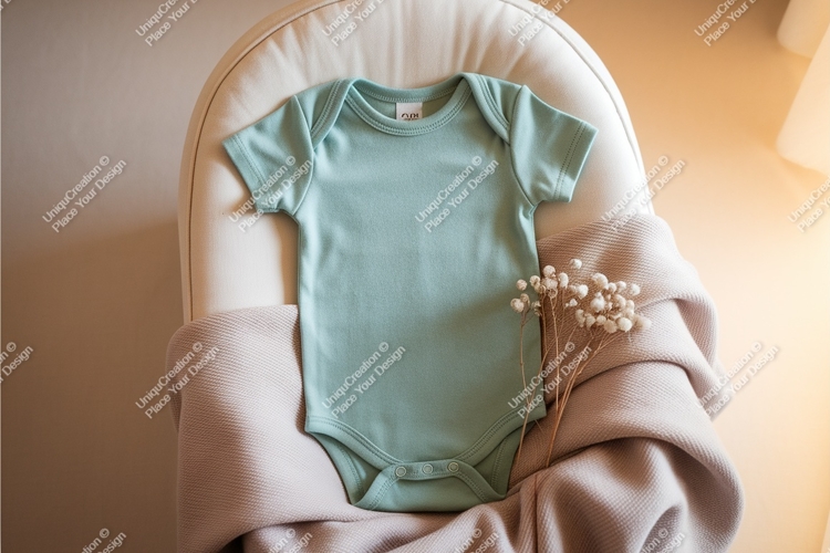 Mint baby bodysuit on cushioned chair mockup