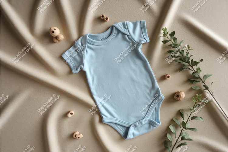 Baby blue onesie on a beige backdrop mockup