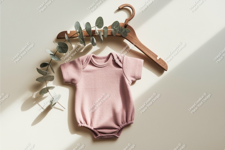 Pink baby onesie with wooden hanger mockup