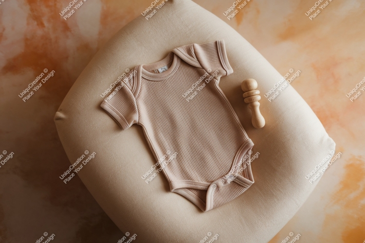 Tan baby bodysuit on fluffy pillow mockup