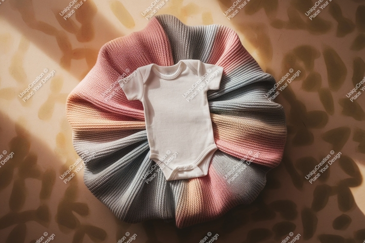 White baby onesie on knitted fabric mockup
