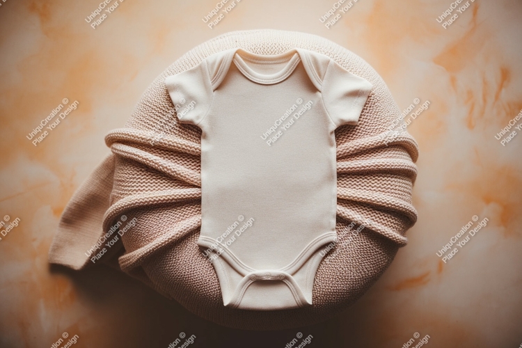 A baby onesie on a soft cushion mockup