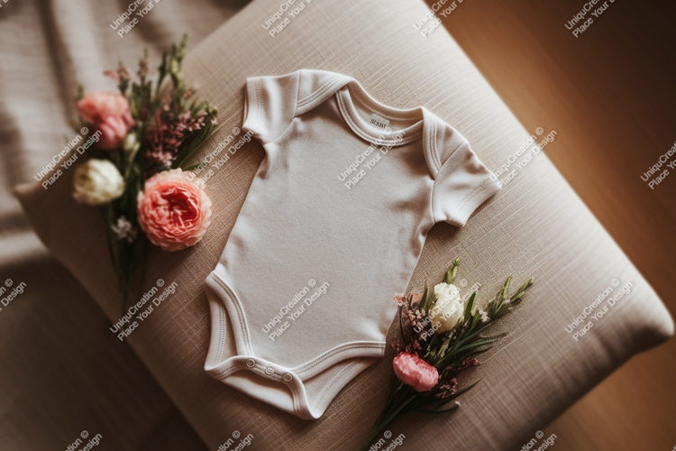 Baby bodysuit with roses on a pillow mockup
