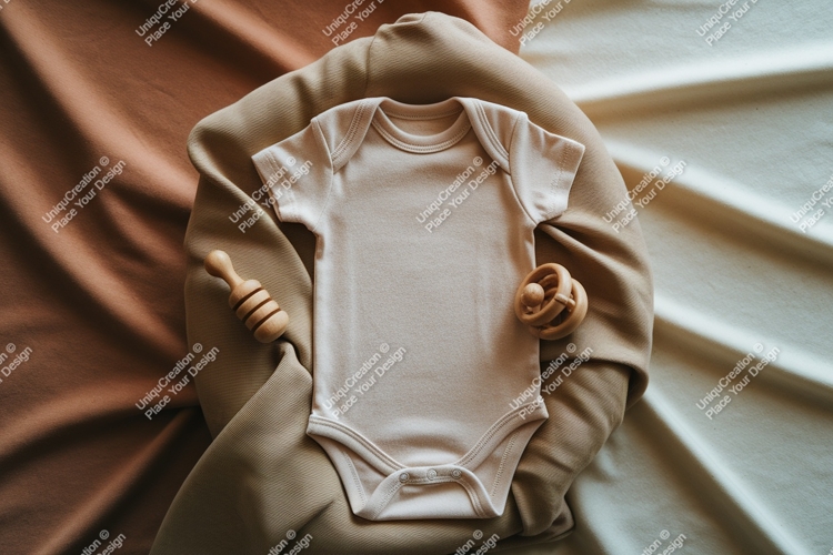 Baby onesie with wooden toys on blanket mockup