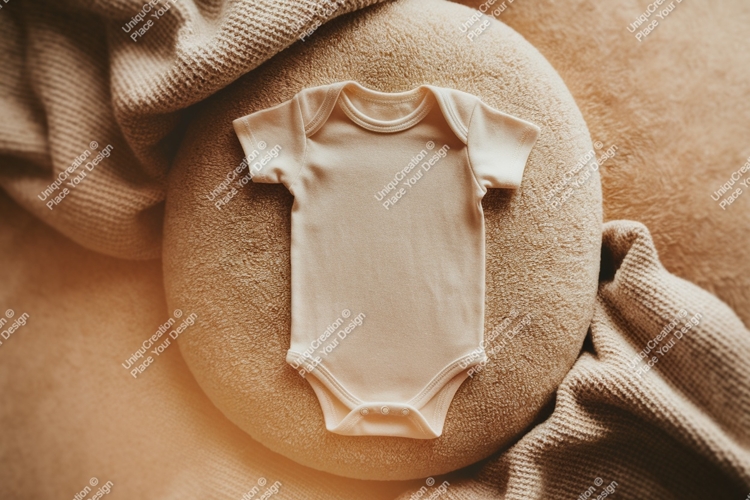 Baby onesie on cushion and blanket mockup