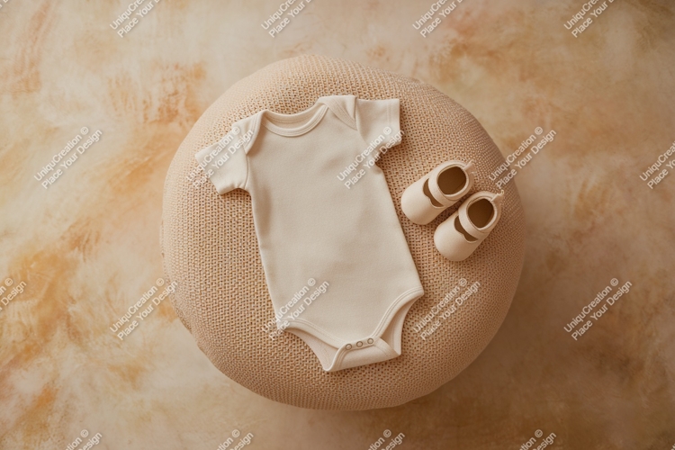 A baby onesie with shoes on cushion mockup