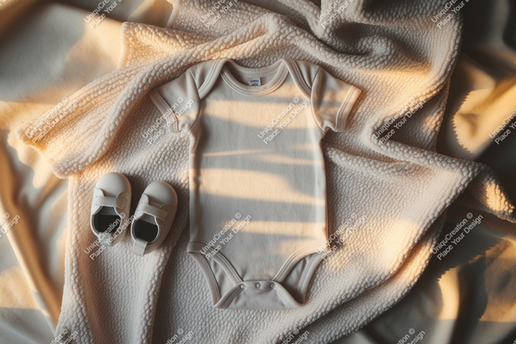 A baby onesie with shoes on blanket mockup