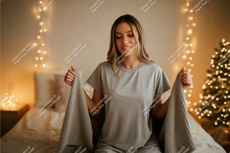 Woman holding grey blanket in cozy bedroom