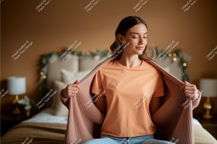 Woman wearing peach t shirt and pink cardigan