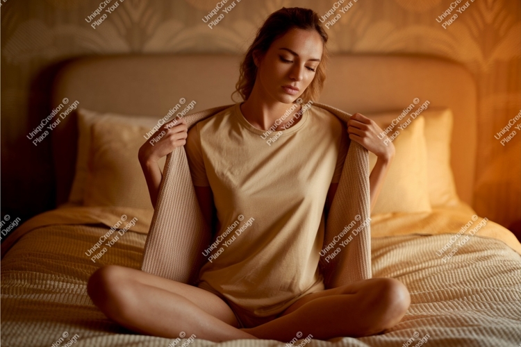 Woman wearing t shirt and blanket