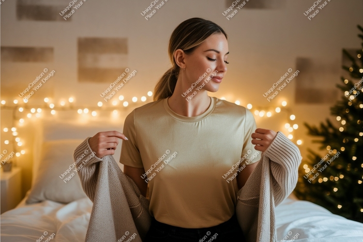 Woman wearing gold t shirt and sweater image