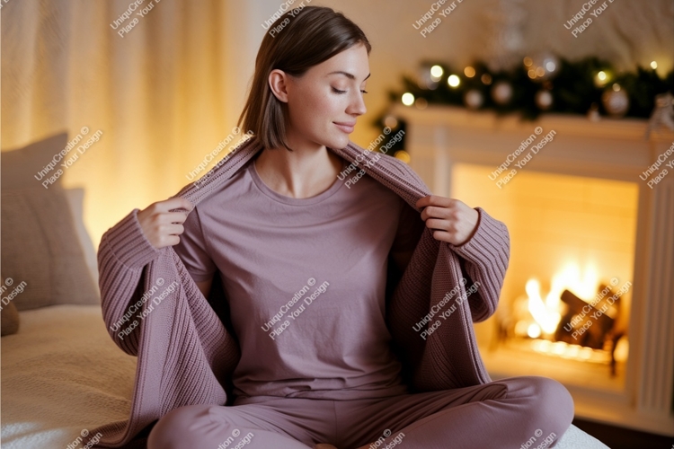 Woman cozy lounge wear by fireplace pajamas