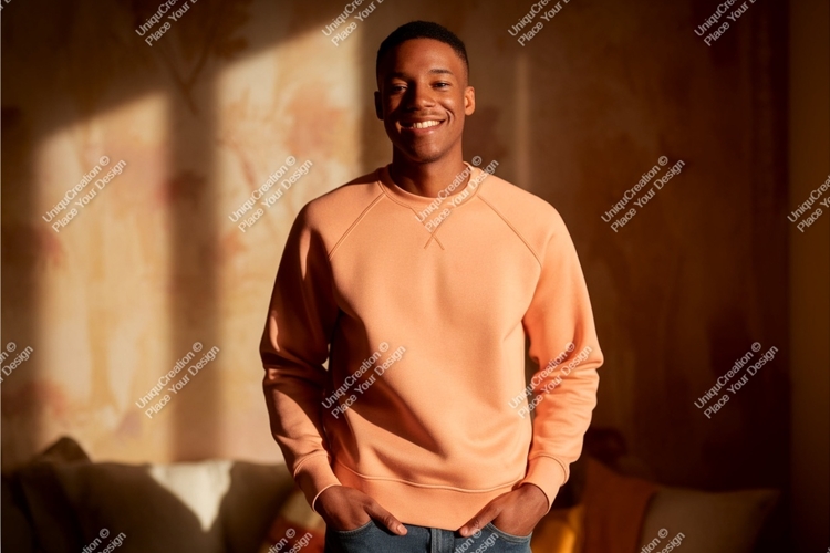 Young man smiling wearing peach sweatshirt casual