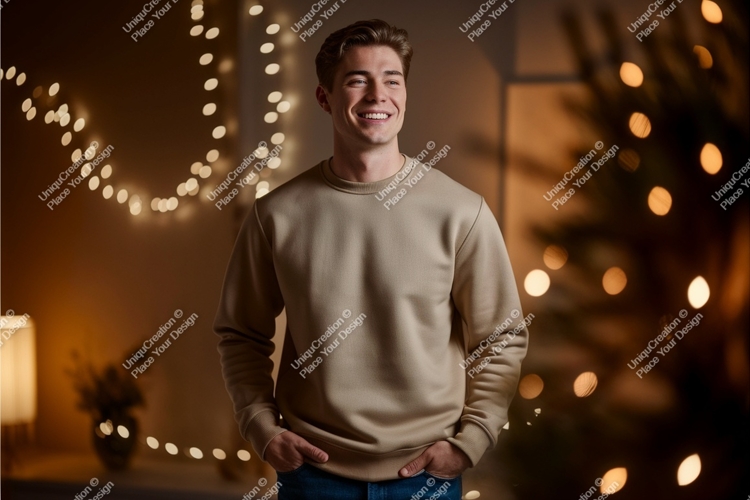 Man wearing beige sweatshirt with blue jeans