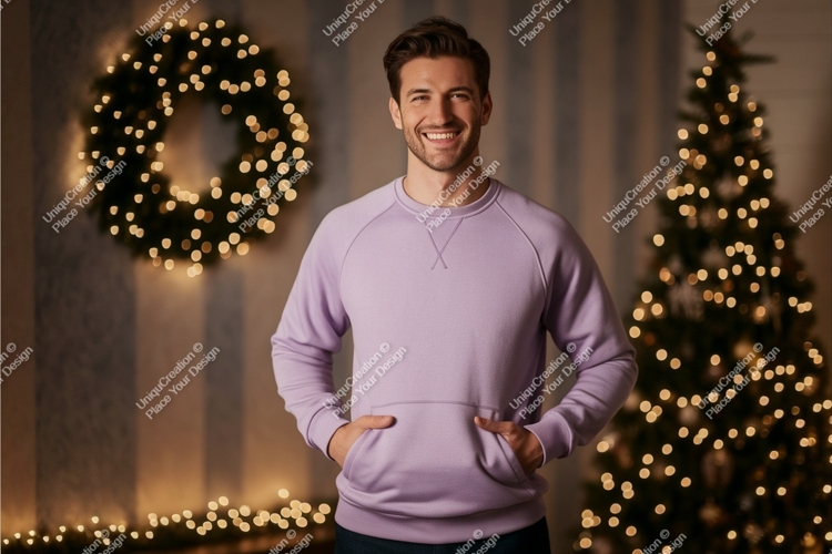 Man wearing lavender sweatshirt with Christmas decorations