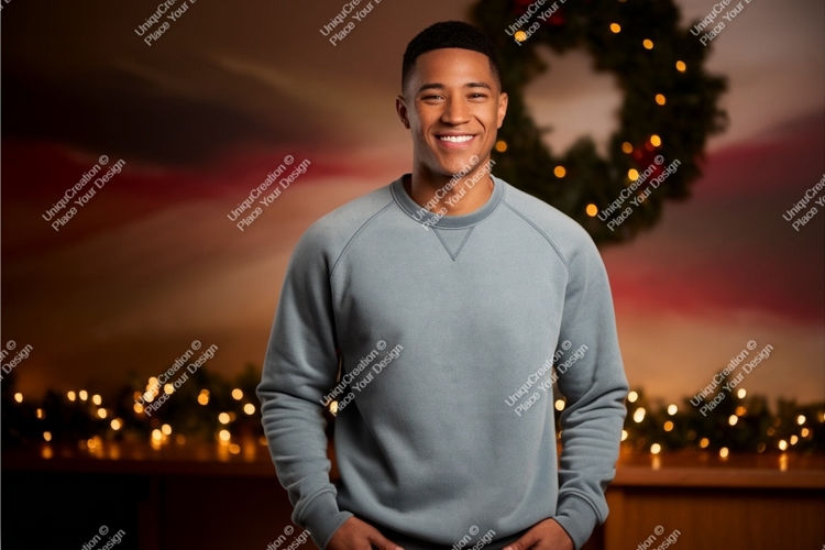 Man wearing grey sweatshirt festive background image