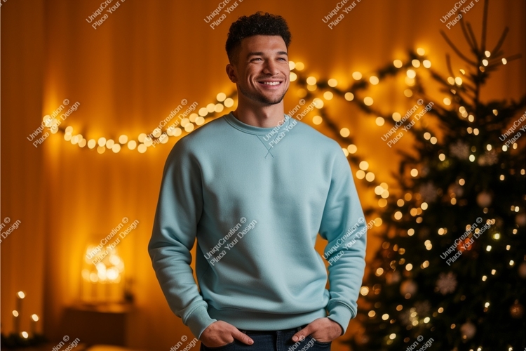 Man wearing light blue sweatshirt festive background