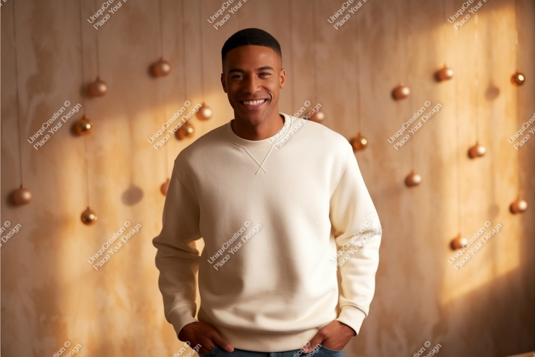 Man wearing cream sweatshirt mockup holiday