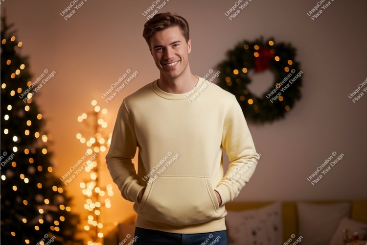 Young man wearing yellow sweatshirt mockup christmas
