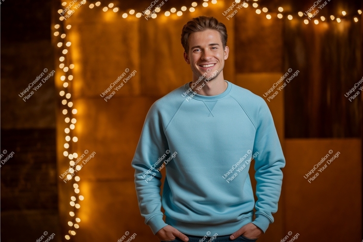 Man wearing light blue sweatshirt mockup image