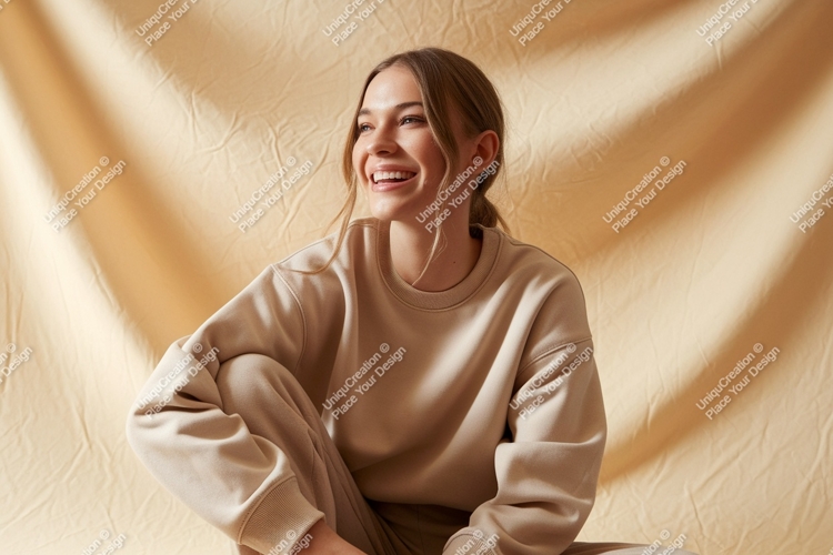 Woman wearing beige sweatshirt and pants casual