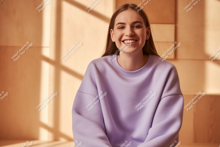 Young Woman Wearing Lavender Sweatshirt smiling