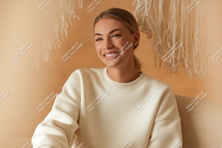 Smiling blonde woman wearing cream sweatshirt image