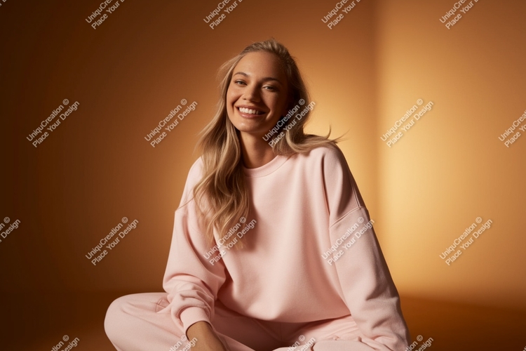 Blonde woman wearing pink sweatshirt casual