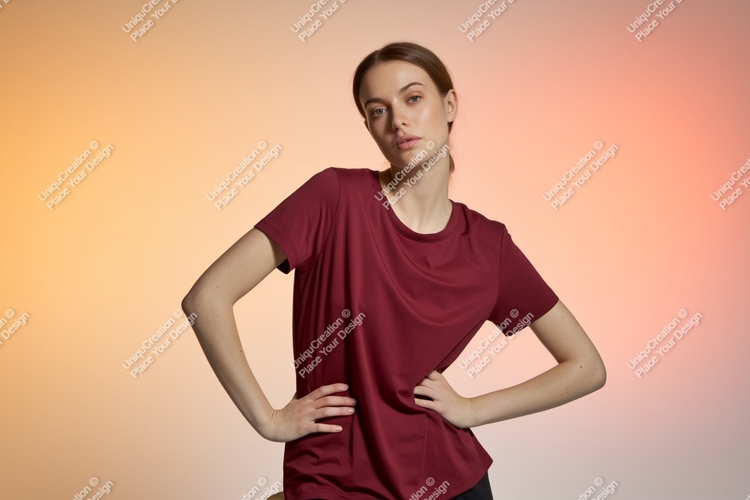 Woman wearing maroon t shirt mockup image