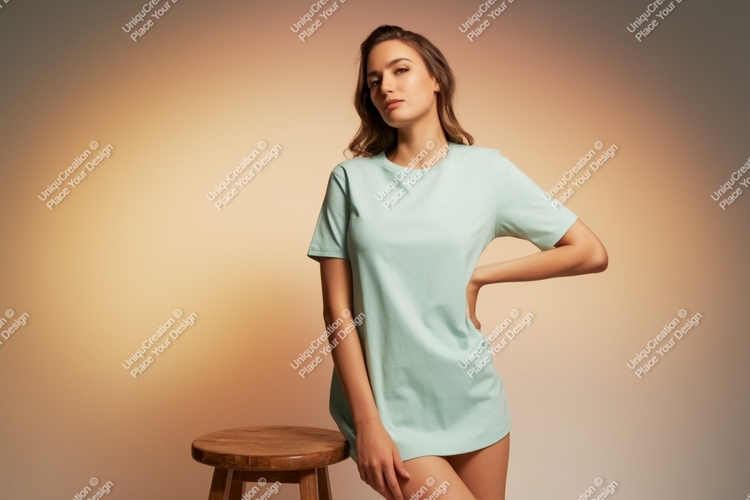 Woman wearing light blue t-shirt fashion