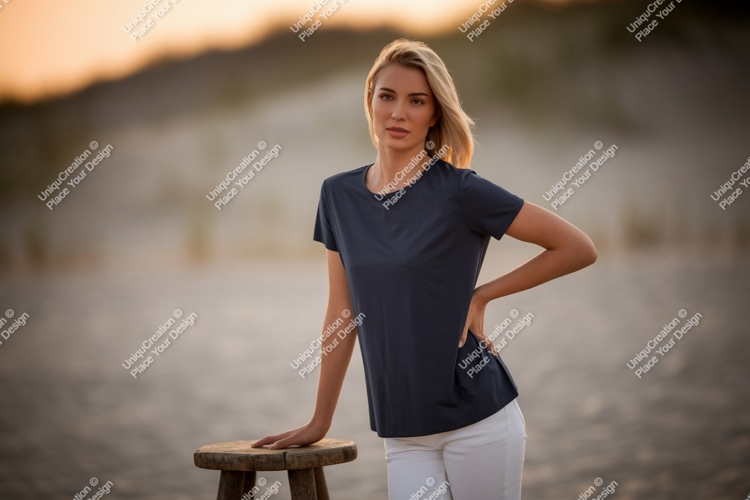 Woman wearing dark t shirt and white pants t-shirt