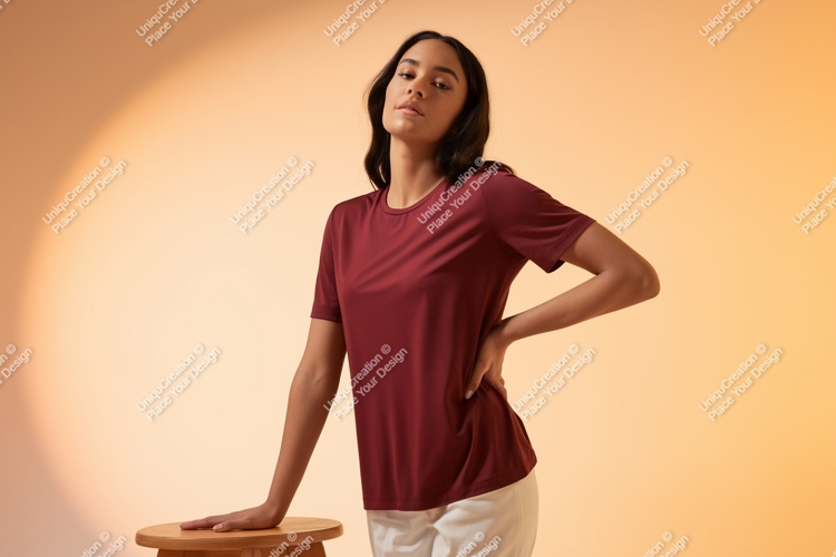 Woman maroon t shirt mockup image