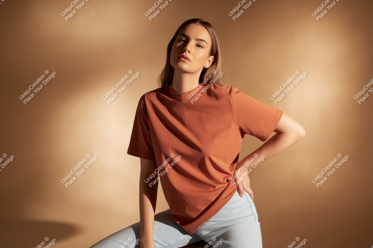 Woman wearing terracotta t shirt and jeans image
