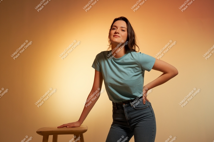 Young woman in teal shirt and jeans mockup denim