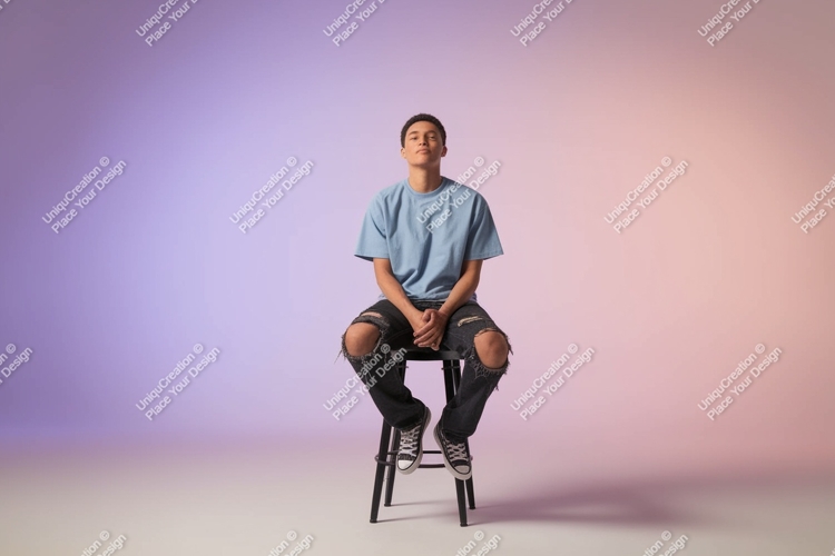 Young man sitting on stool blue shirt