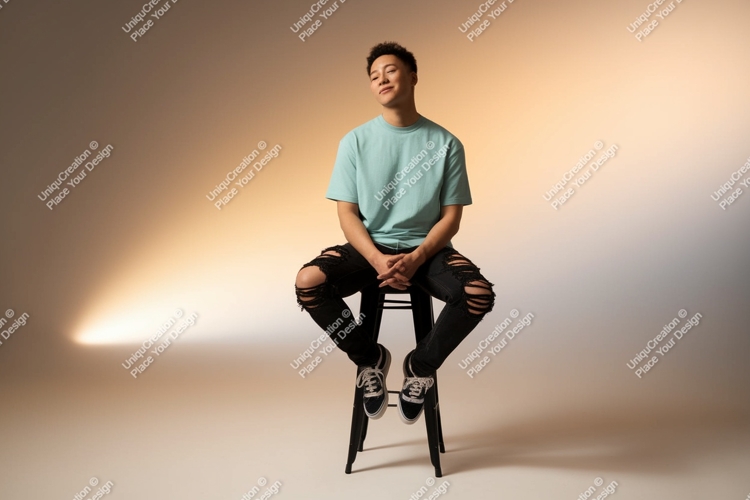 Young man seated on stool teal
