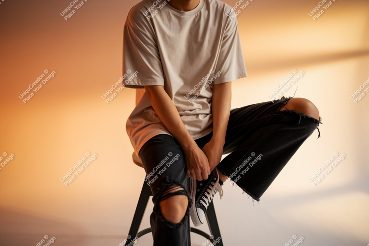 Person wearing light shirt ripped jeans black