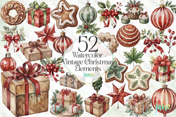 Watercolor Vintage Christmas Elements