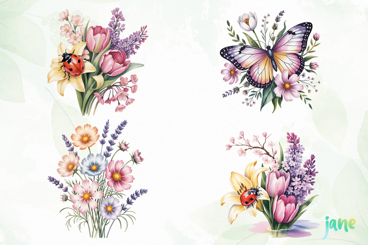 Watercolor Spring Flowers Clipart