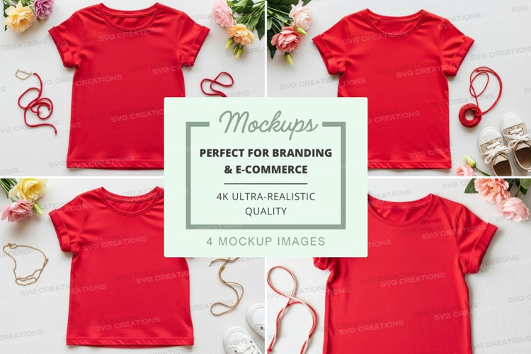 Mockup of red t-shirts with decorative elements