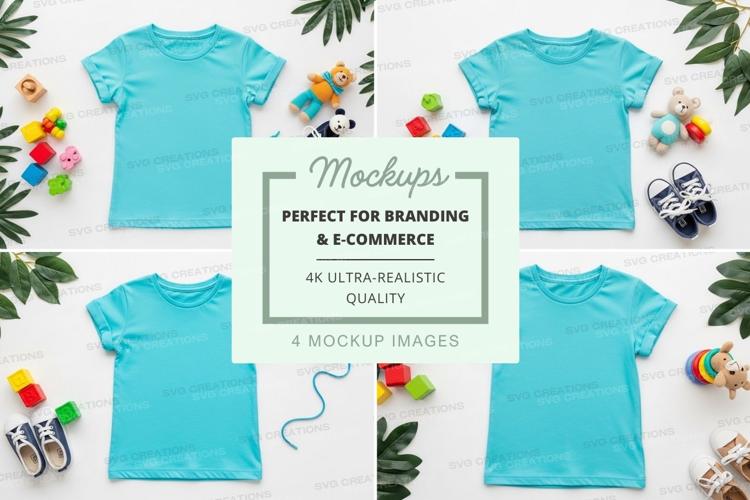 Mockup of children's t-shirts with toys and leaves