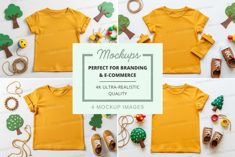 Mockup of yellow t-shirts with playful toys