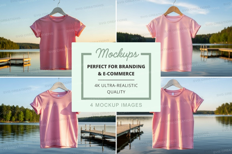 Mockup collection of pink t-shirts by the lake